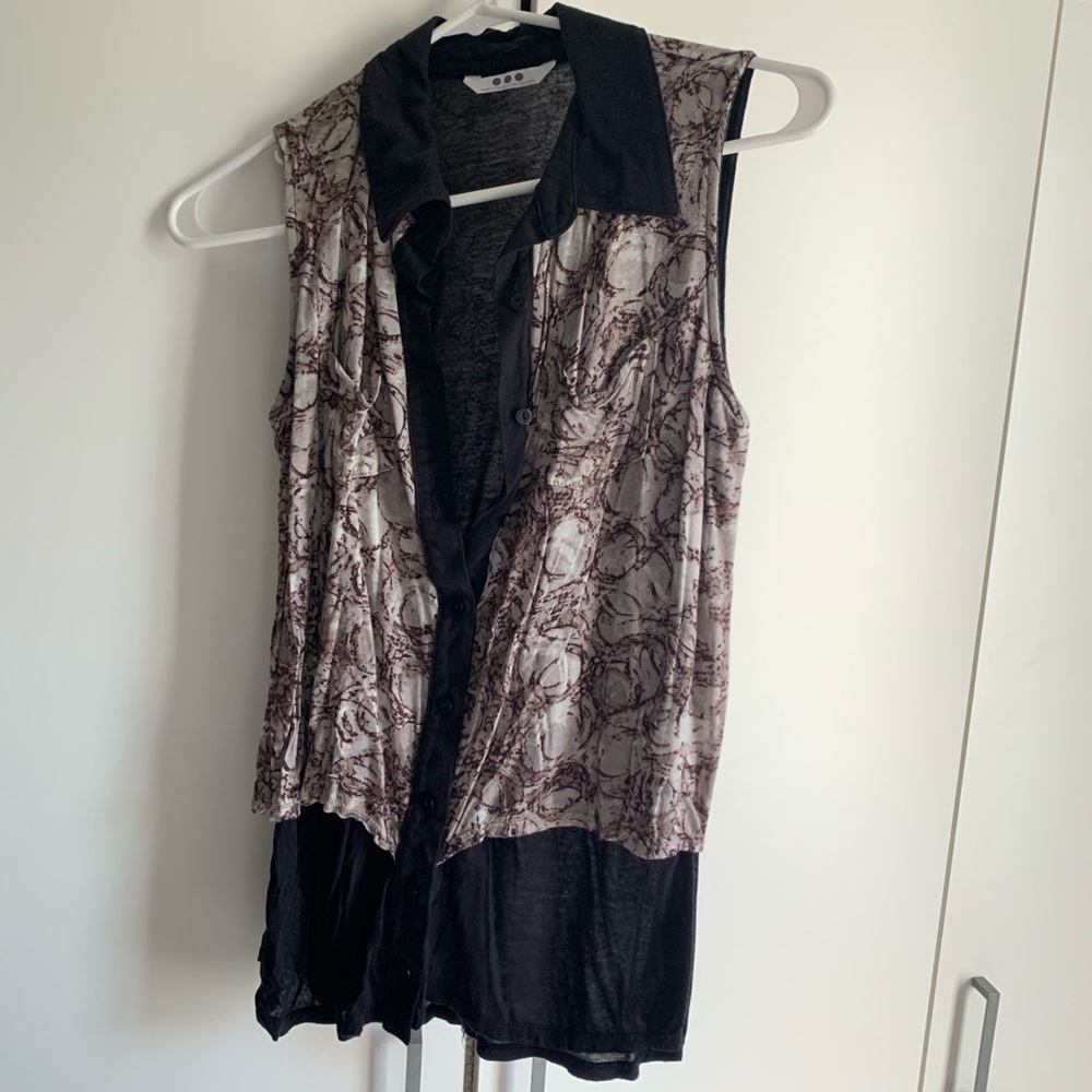 Three Dots Brown black pattern Lyocell sleeveless button up collar blouse xs